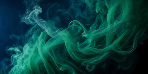 Image showcasing the mesmerizing dance of emerald green smoke tendrils against a canvas of deep navy blue. - obrazy, fototapety, plakaty