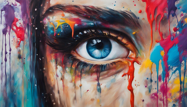 Mesmerizing Women's Eyes with Vibrant Paint Splashes on Canvas - Interior Painting with Beautiful Background