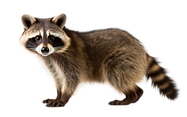 A raccoon is standing, looking around with curiosity. Its bushy tail is slightly raised, and its mask like face is alert and attentive. on a White or Clear Surface PNG Transparent Background.