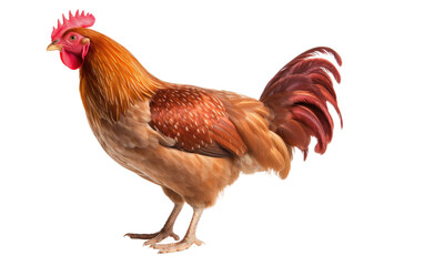 Fototapeta premium Brown and Red Rooster Standing on White Ground. The rooster appears alert and watchful, possibly guarding its territory or searching for food. on a White or Clear Surface PNG Transparent Background.