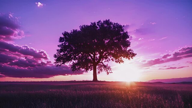 A lone tree stands tall and proud against a backlit sky of vibrant purples blues and pinks.