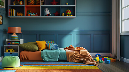 Child's Bedroom Set with Colorful Decor, Toys, and Bookshelf. Concept of Childhood and Playfulness
