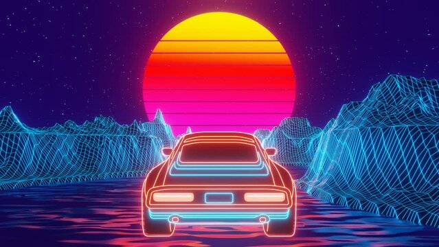 Neon-Lit Retro-Futuristic Landscape with a Classic Car, seamless loop animation