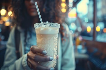 close up,Cafe customer holding a drink with a paper straw  - obrazy, fototapety, plakaty