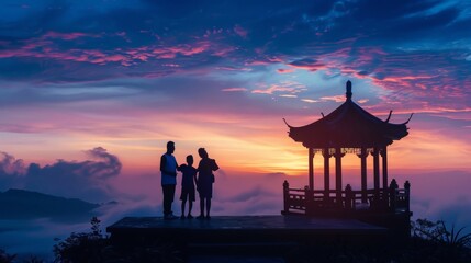 Fototapeta na wymiar Asian family silhouette during beautiful sunrise