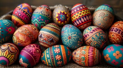 Fototapeta na wymiar Décor de Pâques avec des œufs multi couleurs avec des motifs