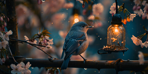 Two charming birds standing on cherry blossom tree branch,