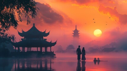 Asian family silhouette during beautiful sunrise - obrazy, fototapety, plakaty