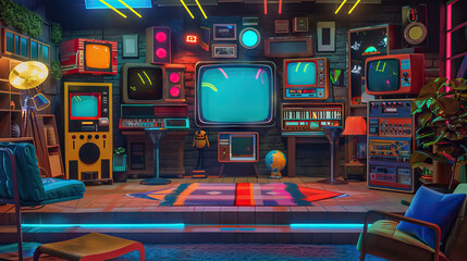 Retro Game Show Set with Vintage Props and Decor. Concept of Retro Gaming, Nostalgia, and Classic Entertainment - obrazy, fototapety, plakaty