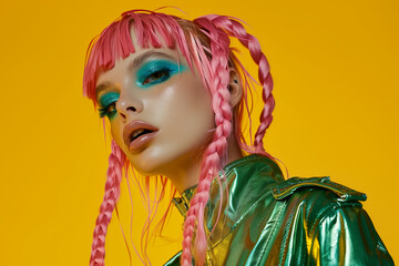 Trendy modern girl with pink hair and dreadlocks bright makeup on yellow background modern trendy youth style