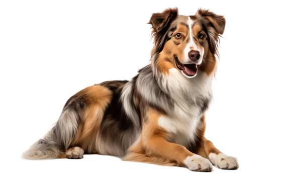 Brown and White Dog Laying. A brown and white dog is lying down on top of a white floor, peacefully resting. on a White or Clear Surface PNG Transparent Background.