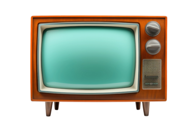 An old television set with a green screen displaying static The screen is lit up with a faint glow and the knobs and dials on the TV are visible on a White or Clear Surface PNG Transparent Background.