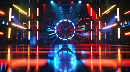 Quiz Show Set with a Big Countdown Clock and Flashing Lights. Concept of Time Pressure, Competition, and Entertainment - obrazy, fototapety, plakaty