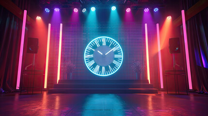 Quiz Show Set with a Big Countdown Clock and Flashing Lights. Concept of Time Pressure, Competition, and Entertainment - obrazy, fototapety, plakaty