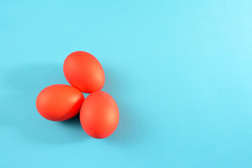 group of red easter eggs on blue background copy space 