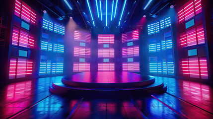 High-Tech Game Show Set with LED Screens and Futuristic Design. Concept of Technology, Innovation, and Entertainment - obrazy, fototapety, plakaty
