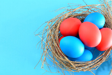 nest with painted blue and red eggs on blue background top view