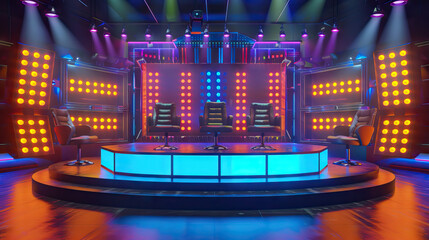 Classic Game Show Set with Bright Lights and Contestant Seating. Concept of Nostalgia, Fun, and Entertainment. - obrazy, fototapety, plakaty