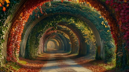 Autumn Fall Road landscape - Real trees tunnel, beautiful autumnal colors, sunny day