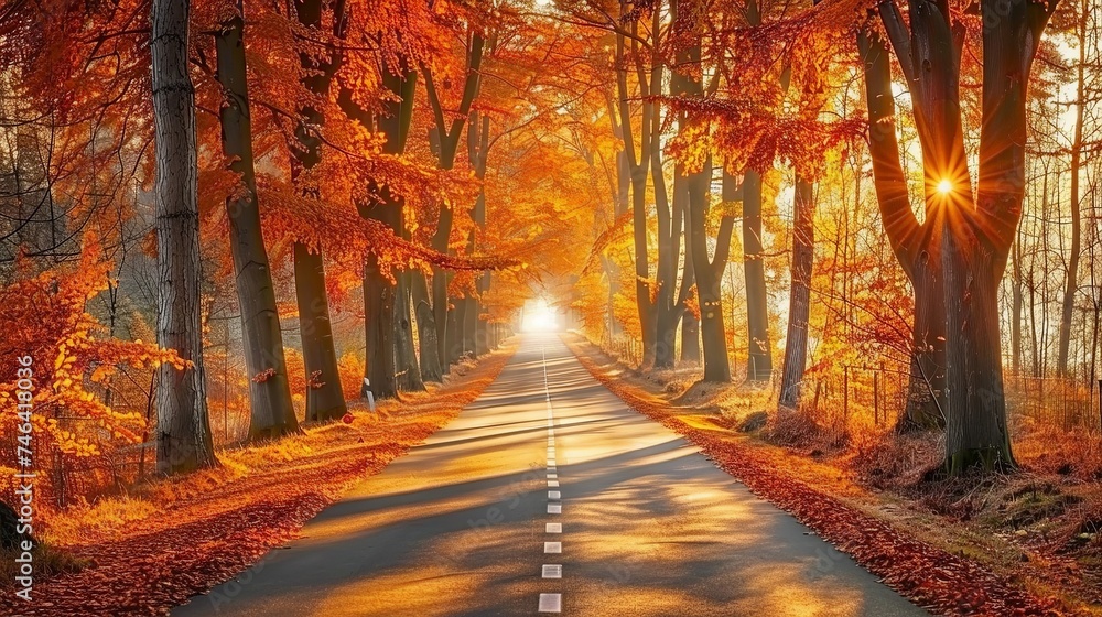 Wall mural Autumn Fall Road landscape - Real trees tunnel, beautiful autumnal colors, sunny day - Wall murals