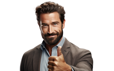 Bearded Man Giving Thumbs Up. A man with a beard is seen giving a thumbs up gesture in a positive manner, expressing approval. on a White or Clear Surface PNG Transparent Background.