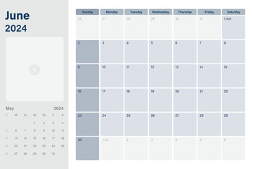 June 2024 calendar desk planner with space for your picture, weeks start on Sunday,  simple white and gray theme, vector design