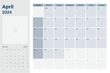 April 2024 calendar desk planner with space for your picture, weeks start on Sunday,  simple white and gray theme, vector design