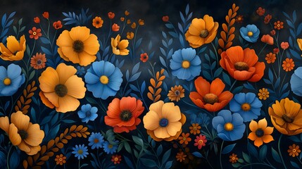 Fototapeta premium Vibrant Floral Ensemble on Dark Background - Spring Bloom Illustration 