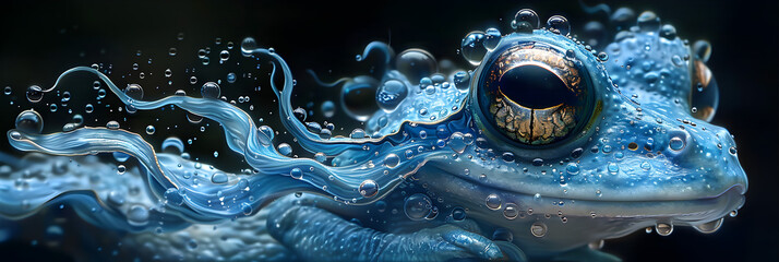 close up of a frog in the water,
 Aquatic  creature with a wave like  pattern in blu - obrazy, fototapety, plakaty
