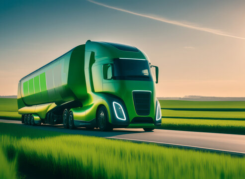 Futuristic electric truck driving down a road. Green mobility and sustainability environment concept