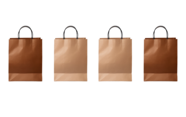 Three brown paper bags are arranged neatly on a table, with visible creases and handles. The bags seem to be ready for use or storage. on a White or Clear Surface PNG Transparent Background.
