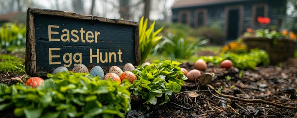 Fotobehang Rustic Easter Egg Hunt signboard surrounded by fresh spring greens and pastel colored eggs nestled in a garden setting, heralding a festive outdoor seasonal activity © Bartek