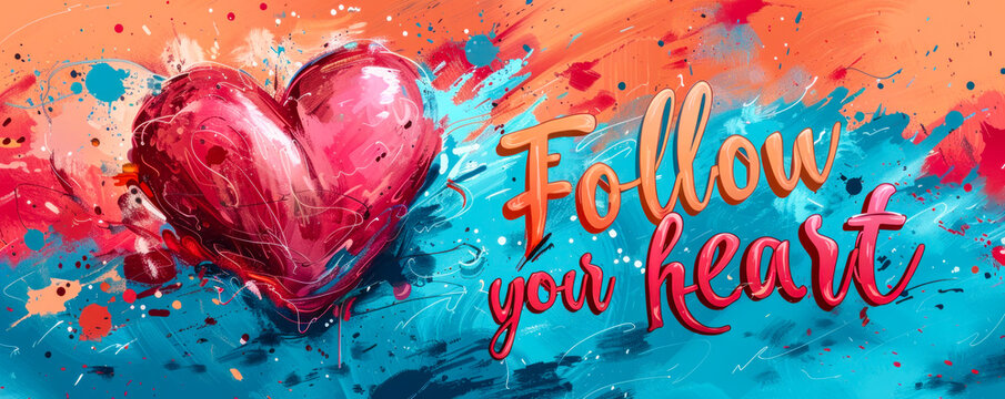 Inspirational calligraphy Follow your heart with a watercolor heart illustration on a vibrant pink splash background, perfect for motivational posters