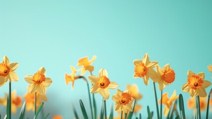 Blooming yellow daffodils in a field under a bright blue sky on a sunny day