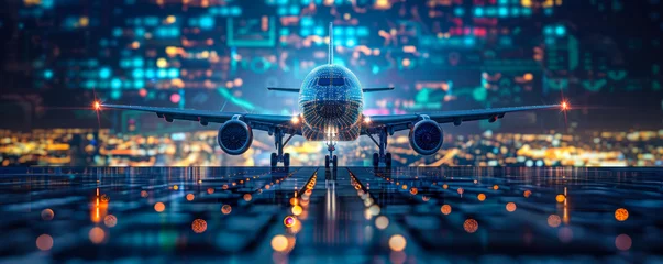 Fotobehang Futuristic Visualization of an Airliner with Digital Network Connectivity Over a Smart Cityscape, Symbolizing Advanced Air Travel Technology © Bartek