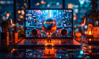 Futuristic concept of a commercial airliner jet emerging from a laptop screen, symbolizing online travel booking, virtual tourism, and digital flight services - obrazy, fototapety, plakaty
