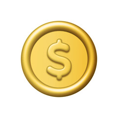 3d gold dollar coin isolated on white background. Design element illustration PNG.