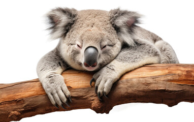 Koala Sleeping. A koala is peacefully resting on top of a tree branch. Its furry body is curled up in a comfortable position. on a White or Clear Surface PNG Transparent Background.