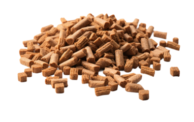 A Pile of Dog Food. A mound of dog food is stacked neatly. The dog food pellets are various shapes and colors, ready to be served to pets. on a White or Clear Surface PNG Transparent Background.