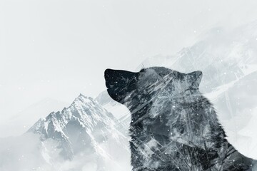 A wolf blended with the silhouette of a snowy mountain peak in a double exposure