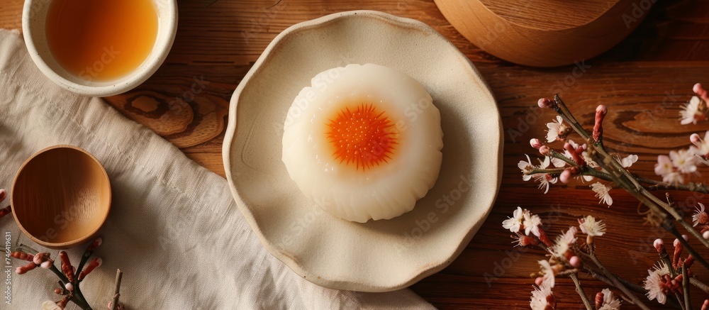Poster a rustic table setting with a bowl of fresh eggs and a steaming bowl of tea for a delicious breakfas