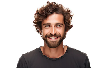 Fototapeta premium Smiling Man With Curly Hair and Beard. A man with curly hair and a beard is smiling in this photo. He looks happy and relaxed. on a White or Clear Surface PNG Transparent Background.