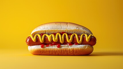 One Hot dog with mustard and ketchup closeup on minimalistic background. Created with Generative AI