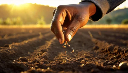 Tuinposter A farmer's hand sows seeds in a plowed field. Concept of new technology in agriculture © Fabio Principe