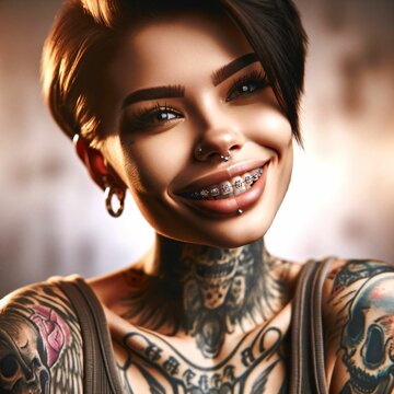 A tattooed lady smiling with diamond braces