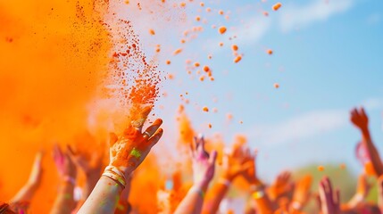 An orange Holi color over the crowd Holi festival concept - obrazy, fototapety, plakaty