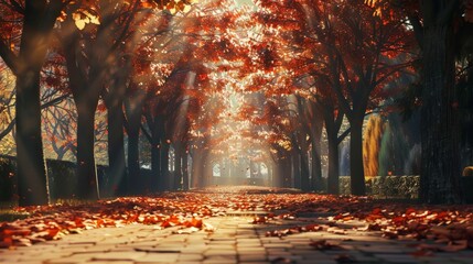 Beautiful romantic alley in a park with colorful trees and sunlight. autumn natural background - Powered by Adobe