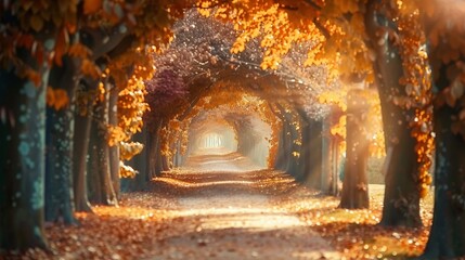 Beautiful romantic alley in a park with colorful trees and sunlight. autumn natural background - obrazy, fototapety, plakaty