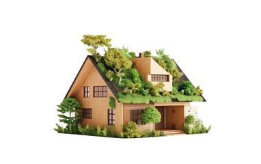 Green Roof House With Trees. A house with a green roof covered in trees. The trees appear to have grown on top of the house. on a White or Clear Surface PNG Transparent Background.