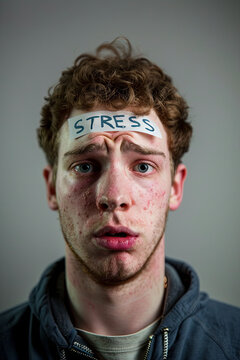 A man with a text Stress on his forehead